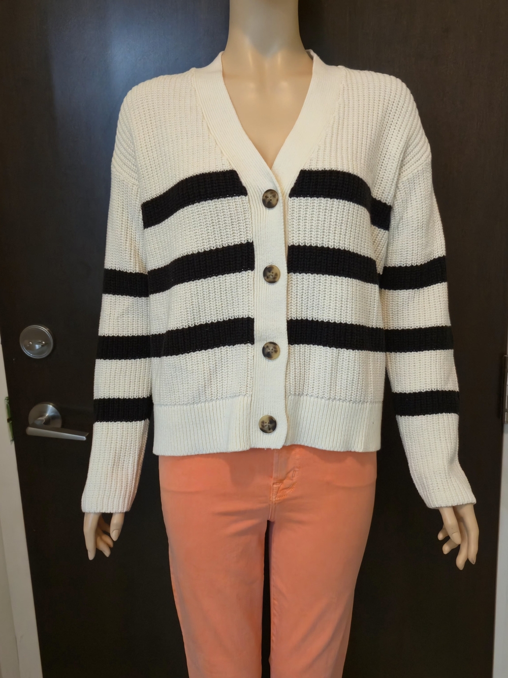 Classic Cream Striped V-Neck Button Cardigan
